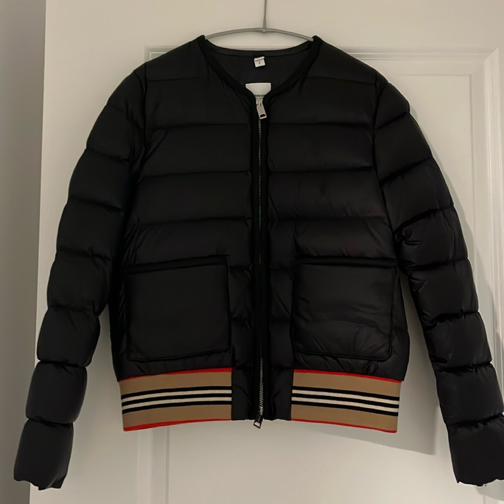Burberry Black Quilted Bomber Jacket with Signature Striped Hem